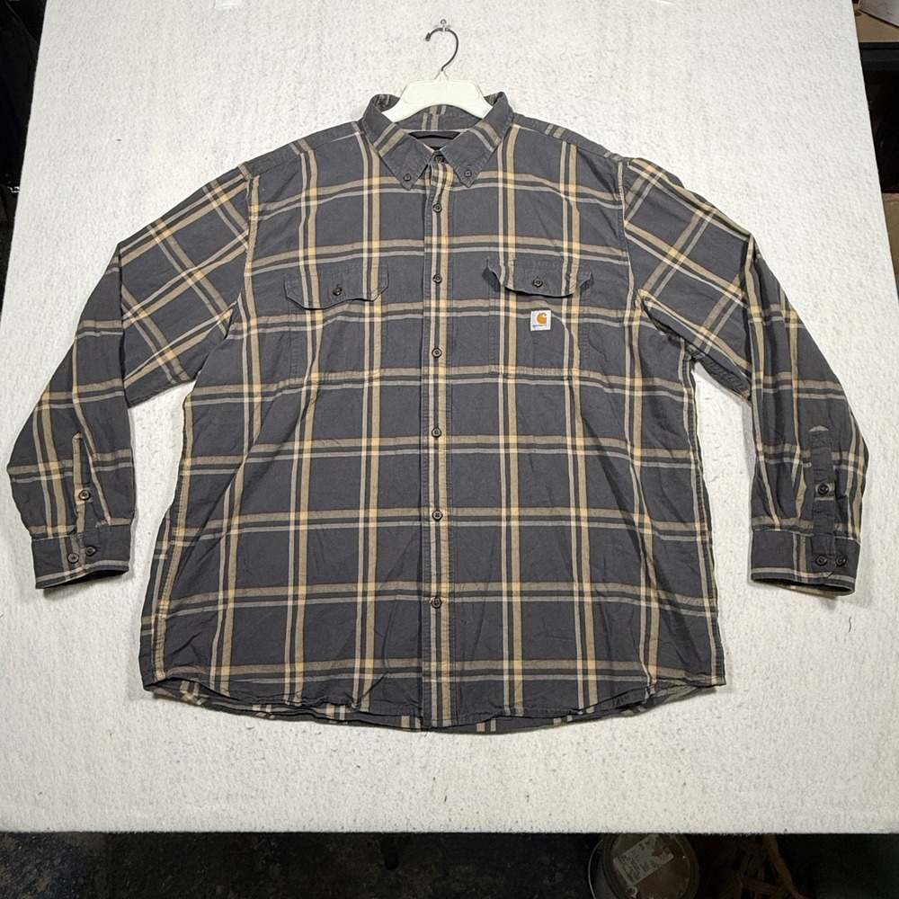 Carhartt Mens 2XL Loose Fit Plaid Button Down Long Sleeve Work Shirt Gray Tan